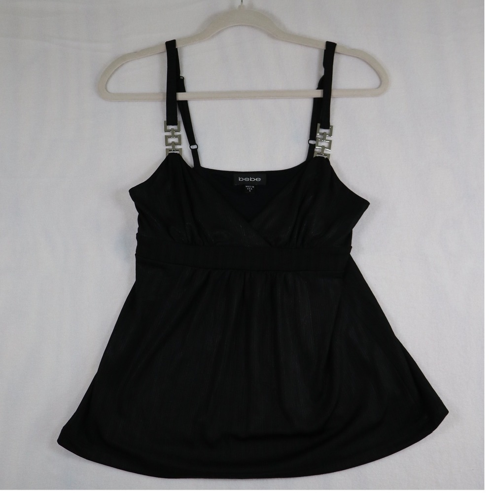 Bebe Vintage Y2K Babydoll Tank Top Women's Small Black Cami 90s Silver Hardware‎